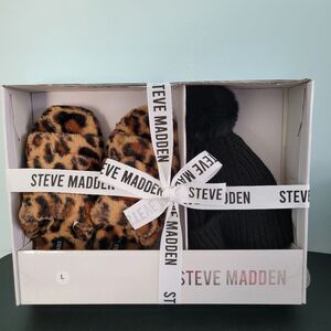 Steve Madden faux fur cheetah slippers and beanie hat gift set for womens
